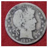 1893 S Barber Silver Half Dollar Coin