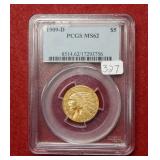 1909 D $5 Gold Indian Coin PCGS MS62