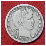 1909 Barber Silver Quarter