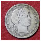 1908 S Barber Silver Quarter