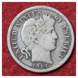 1914 D Barber Silver Dime