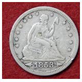 1853 Seated Liberty Silver Quarter - arrows & rays