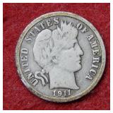 1911 D Barber Silver Dime