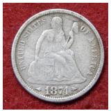 1874 Seated Liberty Silver Dime