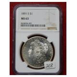 1891 S Morgan Silver Dollar NGC MS63