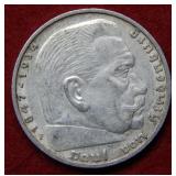 1936 Germany Silver 5 Mark Coin