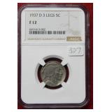 1937 D Three Legged Buffalo Nickel NGC F12