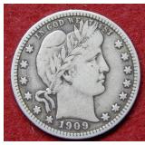 1909 Barber Silver Quarter