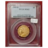 1909 D $5 Indian Gold Coin PCGS MS62