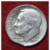 1964 D Roosevelt Silver Dime - clipped Planchet