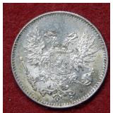 1917 Finland 50 Pennia Silver Coin
