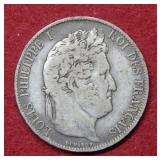1844 France 5 Frank Silver Coin