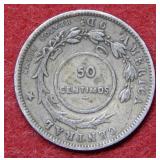 1923 Costa Rico 50 Centimes Silver Coin