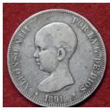 1891 Spain Silver 5 Pesetas Coin