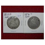 1858 O & 1876 S Seated Liberty Silver Half Dollars