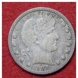 1908 O Barber Silver Quarter