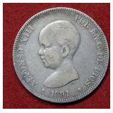 1891 Spain 5 Pesetas Silver Coin