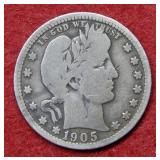 1905 O Barber Silver Quarter