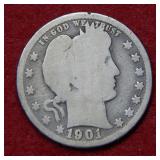 1901 O Barber Silver Quarter