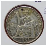 1901 French Indo-China Silver 20 Cent Coin