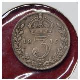 1916 Britain Silver 3 Pence Coin