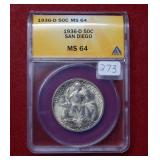 1936 D San Diego Silver Comm Half ANACS MS64