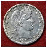 1913 D Barber Silver Quarter