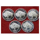 (5) 1/10oz .999 Silver Buffalo Bullion Rounds