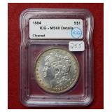 1884 Morgan Silver Dollar ICG MS60 Details/cleaned