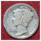 1921 D Mercury Silver Dime- rim nick