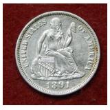 1891 Seated Liberty Silver Dime