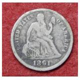 1891 O Seated Liberty Silver Dime - last year