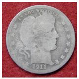 1911 D Barber Silver Quarter Dollar