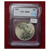 1934 Peace Silver Dollar ICG MS62