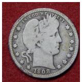 1908 S Barber Silver Quarter