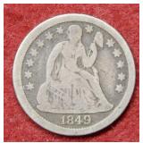 1849 Seated Liberty Silver Dime - scratch on rev