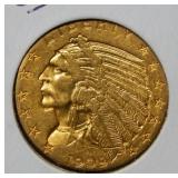 1909 S US $5 Gold Coin - Indian
