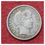 1911 S Barber Silver Dime