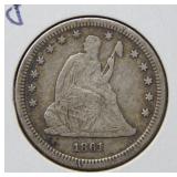 1861 Seated Liberty Silver Quarter
