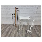 Shower chair, grab bar, canes, grabbers