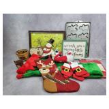 Christmas pictures, stockings, elf hat, misc