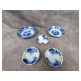 Flow Blue saucer, sauce bowl & 3 little butter pat