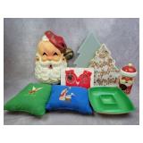 Christmas containers, pillows, santa head, misc