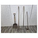 shove, garden cultivator, rake, & hoe