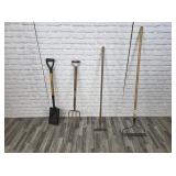 fork, rakes, & spade shovel