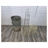 Vintage garbage can; tomator cages; garden fence