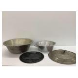 Bread Dough Pan, Smaller Metal Bowl with Side Handles, and Two Lids