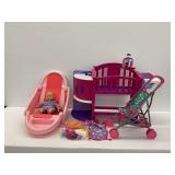 Four Doll Items: Stroller, Bassinet, Car Seat, and Changing Table