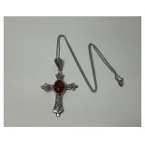 Sterling Silver and Amber Cross Pendant Necklace