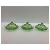 Three Covered Green Depression Uranium Glass Butter Dishes...some chips